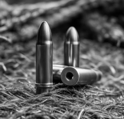 Metallic bullets resting on textured, dark grass.