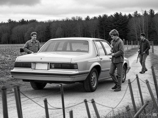 Two men standing near a car on a dirt road beside a field, one checking the vehicle.